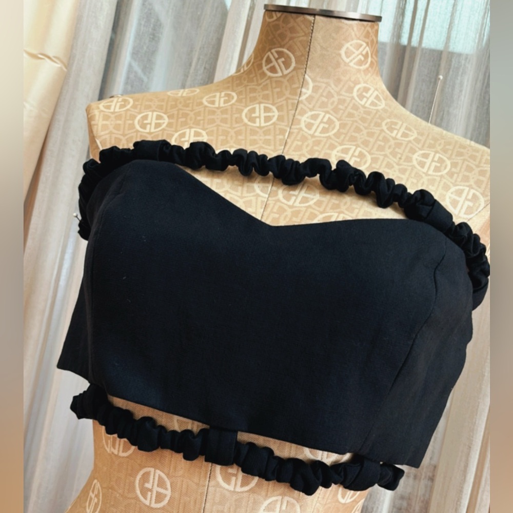 Ganni Black Strapless Crop Top with Ruffle Trim